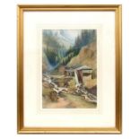 Continental school - An Alpine Mountain Stream Scene with a Mill and Mill Buildings - watercolour,