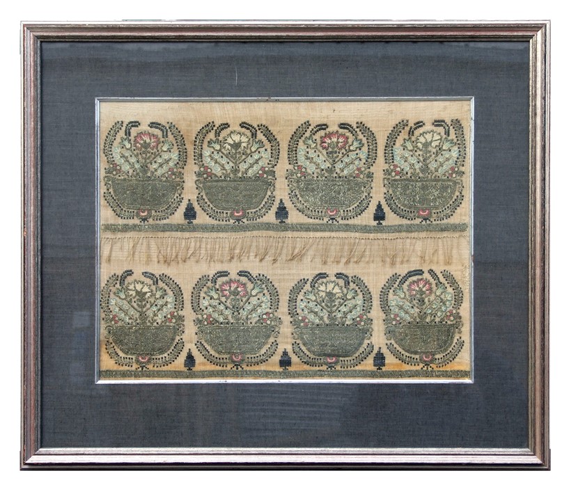 Two 19th century Turkish Ottoman embroidered velvet towel fragments, framed and glazed as one. 49 by