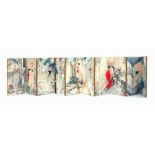 A Japanese Shunga Erotic Artwork Pillow Book with various erotic images in a fold-out book with hard