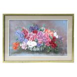 M Murphy - Still Life of Sweet Peas in a Bowl - pastel, signed lower right, framed & glazed, 45 by