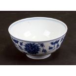 A Chinese blue & white bowl decorated with lotus flowers, blue six character mark to the
