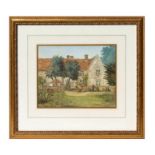 Early 20th century British school - A pastoral scene of a façade of a house with a gardener standing