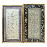 Two late 19th century Chinese silk panels depicting butterflies, insects and birds, in faux bamboo