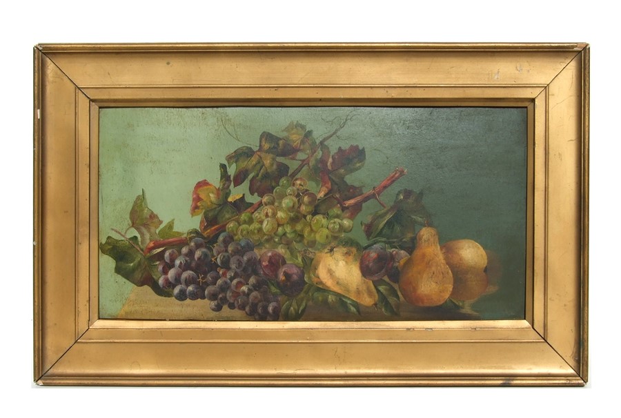 19th century British school - Still Life of Grapes and Pears - oil on panel, framed, 55 by 27 cms (