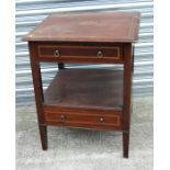 An Edwardian inlaid mahogany two-tier occasional table with frieze drawer in both tiers, 58cms (22.