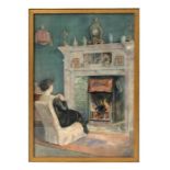 Margaret Lodge - An Interior Scene with a Lady Knitting - watercolour, label to verso stating the