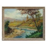 E Kant (continental school) - River Scene - signed lower right, oil on canvas, framed, 38 by