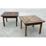 A pair of hardwood garden tables with geometric slatted tops, 72cms (28.5ins) wide (2).