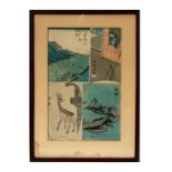 A Japanese hand coloured woodblock print depicting a deer, a mountain scene, a harbour scene and a