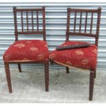 A pair of 19th century rosewood bobbin turned occasional chairs with upholstered seats (one chair