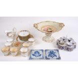 A quantity of tea wares and other ceramics to include a tazza decorated with flowers, Delft style