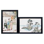 A Chinese Republic style six-panel tile picture depicting figures; together with another depicting a