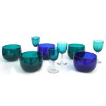 Five Georgian coloured glass finger bowls, two blue and three green, 12cms (4.57ins) diameter;