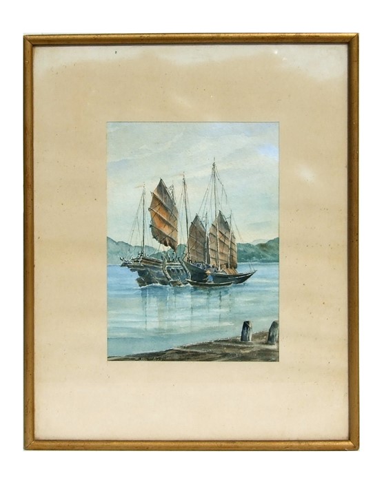 Simon Yeo - Harbour Scene with Moored Junks - watercolour, signed lower left, framed & glazed, 17 by