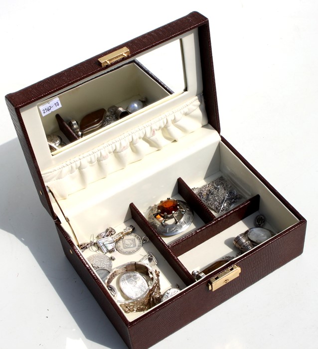 A faux crocodile jewellery box containing silver brooches, lockets, pendants, earrings and other - Image 2 of 2