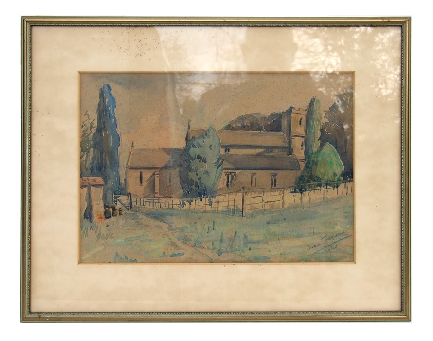 Ouera Tremaine (mid 20th century school) - Rural Church Scene - signed & dated 1955 lower right,
