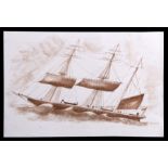 W Willard - Three Masted Ship - sepia watercolour sketch, signed lower right, unframed, 30 by