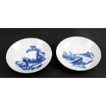 A pair of Chinese blue & white shallow dishes, one decorated with two figures, the other a river