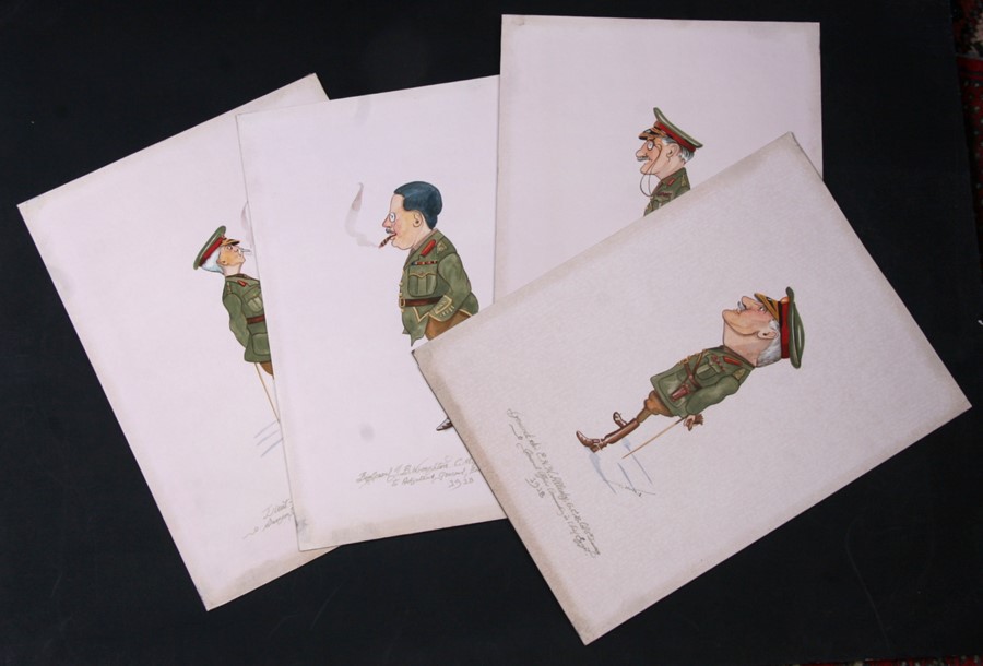 C Hunt - a set of nine watercolour caricatures of WWI Generals, each with annotated descriptions and - Image 2 of 3