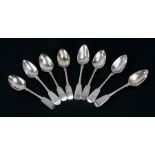 A matched set of George III silver fiddle pattern teaspoons, initialled, various dates and makers,