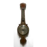 A 19th century mahogany barometer thermometer inlaid with mother of pearl, with silvered dial, 91cms