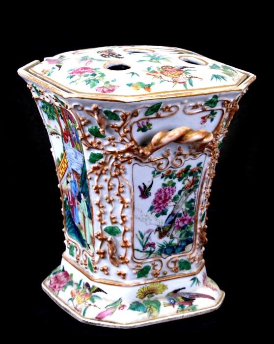 A 19th century Chinese famille rose two-handled bough pot decorated with figures, birds and