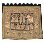 A large Burmese Kalaga tapestry wall hanging depicting numerous figures, mythical animals and