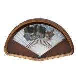 A 19th century Brize fan with bone guards and sticks and central panel depicting an 18th century
