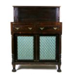 A George IV rosewood & brass inlaid side cabinet with simulated sides, the raised back with turned