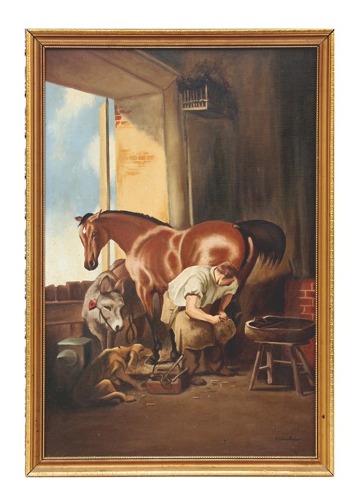 S Wood (20th century British) - A Farrier at Work in a Stable - signed lower right, oil on board,