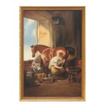 S Wood (20th century British) - A Farrier at Work in a Stable - signed lower right, oil on board,