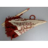 A 19th century ladies folding parasol, the silk canopy with coral coloured wavy line embroidery