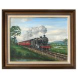 H Ball (modern British) - A Locomotive and Carriages Steaming Through the Countryside - oil on