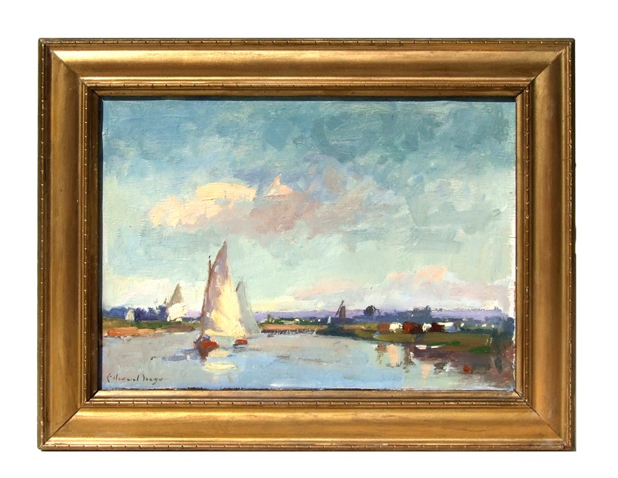 In the manner of Edward Seago - Norfolk Broads with Sailing Ship and Cattle - oil on board,