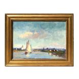 In the manner of Edward Seago - Norfolk Broads with Sailing Ship and Cattle - oil on board,