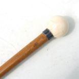 An ivory handled Malacca walking cane with silver collar, 82cms (32.25ins) long.