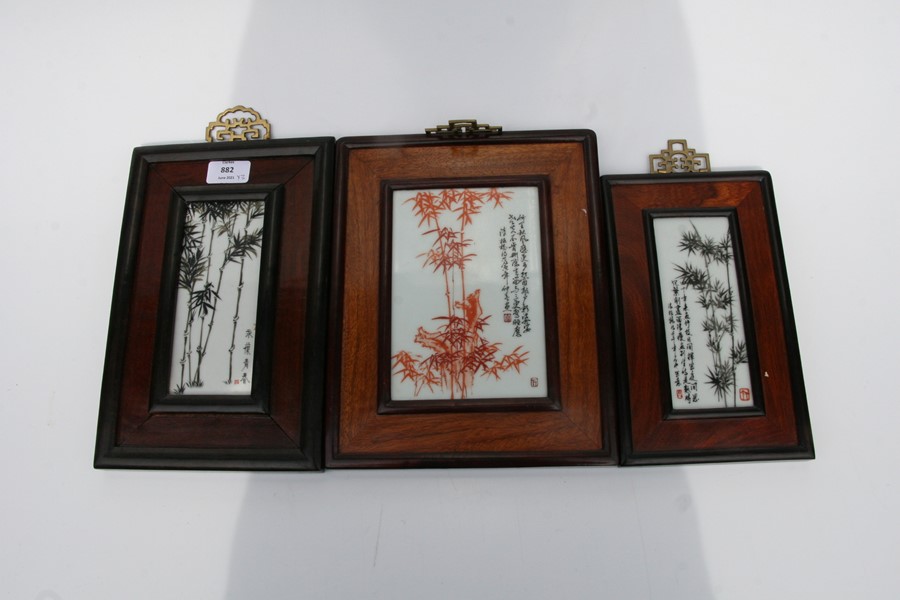 Three Chinese Republic style porcelain panels depicting bamboo and calligraphy, framed, the - Image 3 of 3