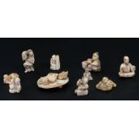 A group of Japanese ivory okimono and netsuke, the largest 5cms (2ins) high (9).