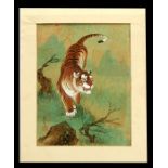 Chinese school - A Prowling Tiger - with seal mark and calligraphy, watercolour, unframed, 30 by