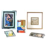 A group of Art Deco picture frames containing prints of the period together with a map