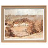 R Hewish - Near Horsley From Bath Road - signed lower left, oil on board, framed, 45 by 34cms (17.75