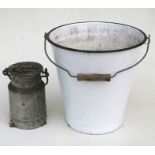 An enamel bucket; together with a galvanised cream churn (2).