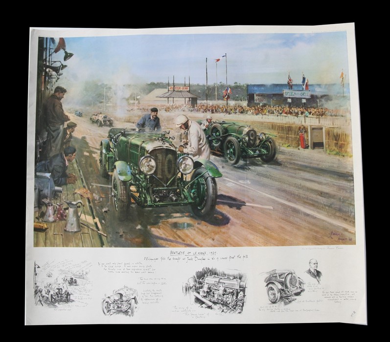 After Terence Cuneo, a coloured print, Bentleys at Le Mans 1929, 82 cm, 32 inches x 75 cm, 29