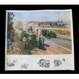 After Terence Cuneo, a coloured print, Bentleys at Le Mans 1929, 82 cm, 32 inches x 75 cm, 29