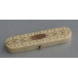 A Georgian yellow metal inlaid ivory toothpick box with central oval cartouche initialled 'JD', 8cms