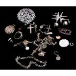 A silver charm bracelet; together with other silver jewellery to include brooches, earrings and