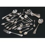 A quantity of silver and silver plated flatware to include a pair of silver Old English pattern soup