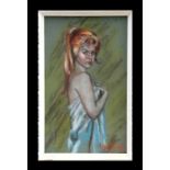 Betty Raphael - a half length portrait of a young lady in a bath towel, pastel, signed lower