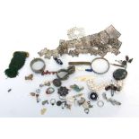 A pearl necklace; together with an agate brooch, a silver plated belt and other items.