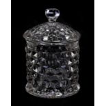 An American Fostoria cube glass biscuit barrel, 22cms (8.75ins) high.